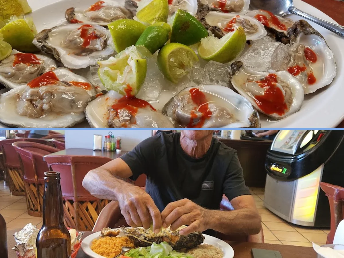 Fresh seafood dishes beside beer glasses.