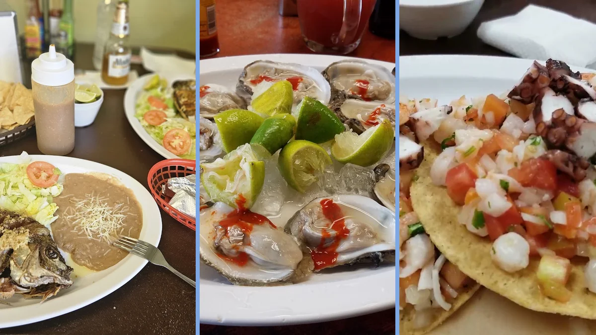 Seafood plates on a casual restaurant table.