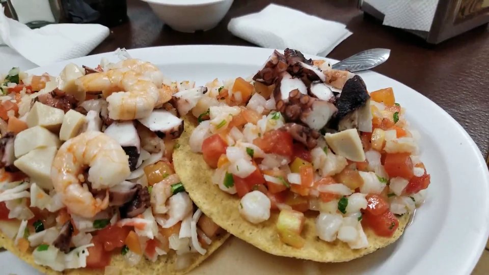 Ceviche, shrimp cocktail, and fish tacos on display.