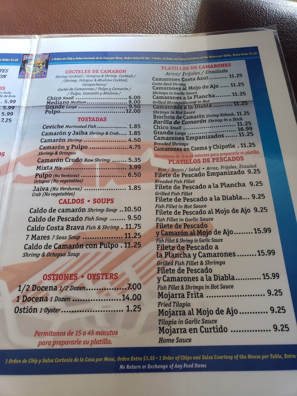 Lunch and dinner seafood choices.